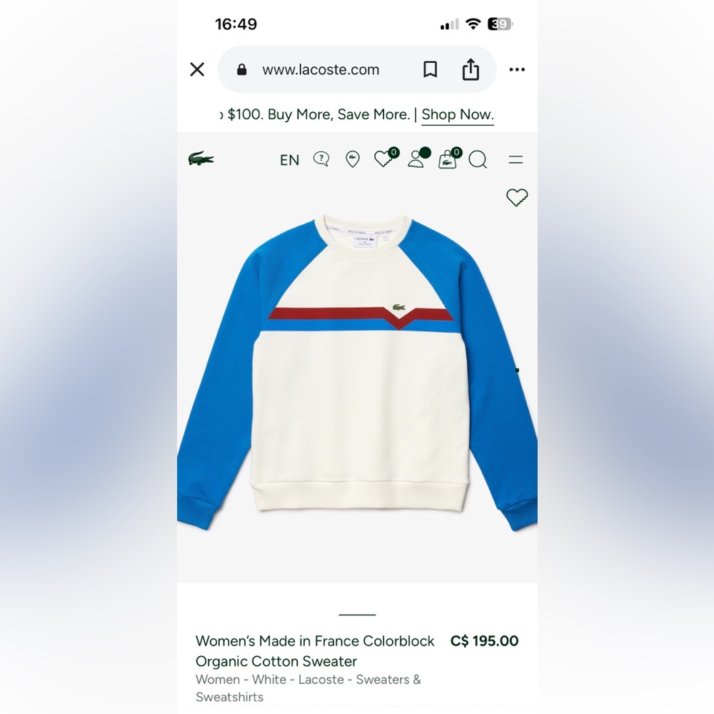 đ Lacoste Womenâs Made in France Colorblock Organic Cotton Sweater - Picture 2 of 6